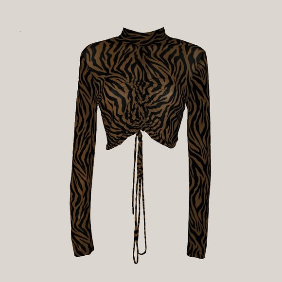 Zimbabwe long sleeve mesh brown zebra print drawstring crop top - Picture 1 of 3